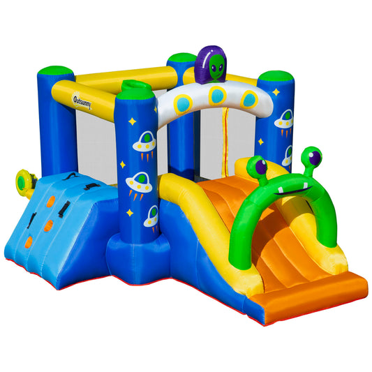Outdoor 4 in 1 Kids Bounce Bouncy Castle Large Alien Style Inflatable House Slide Trampoline Climbing Wall Basket For Kids Age 3-8, 3.2 X 2.4 X 2m