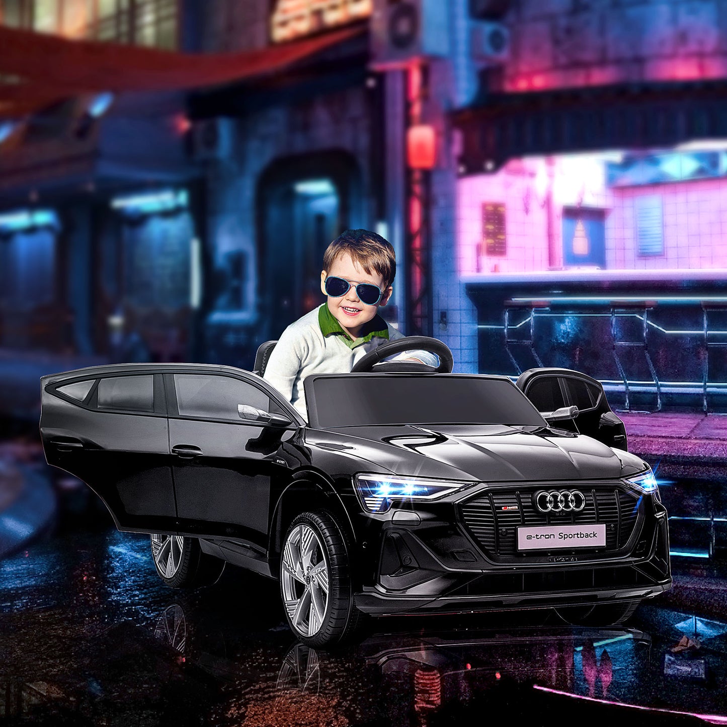 Kids Electric Ride-On Sports Car, 12V Two Motors Battery Powered Toy With Remote Control, Lights, Music, Horn - Black