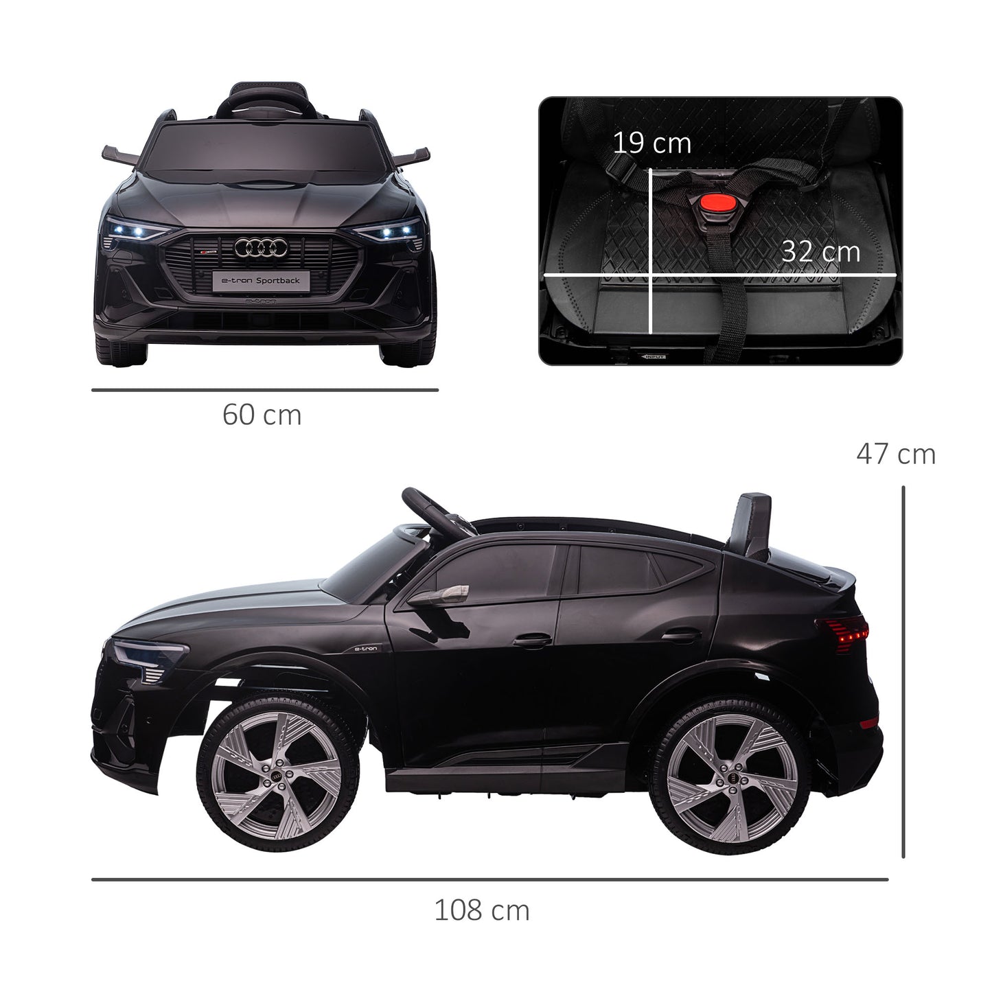 Kids Electric Ride-On Sports Car, 12V Two Motors Battery Powered Toy With Remote Control, Lights, Music, Horn - Black