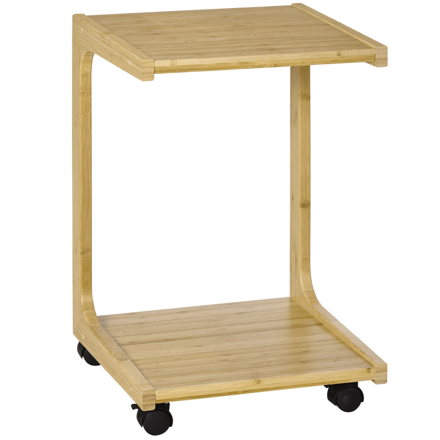 C-Shaped Side Table, Mobile End Table, Under Sofa Table with Wheels, Natural Bamboo Frame for Living Room, Bedroom