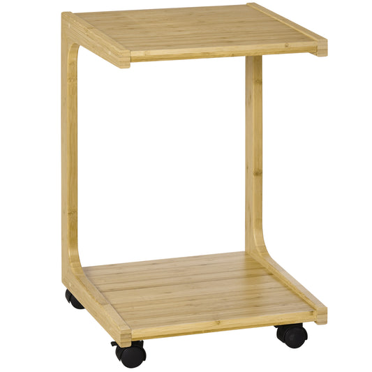 C-Shaped Side Table, Mobile End Table, Under Sofa Table with Wheels, Natural Bamboo Frame for Living Room, Bedroom