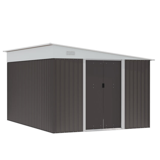 Outsunny 11.3 x 9.2ft Steel Garden Storage Shed Outdoor Metal Tool House with Double Sliding Doors & 2 Air Vents, Grey