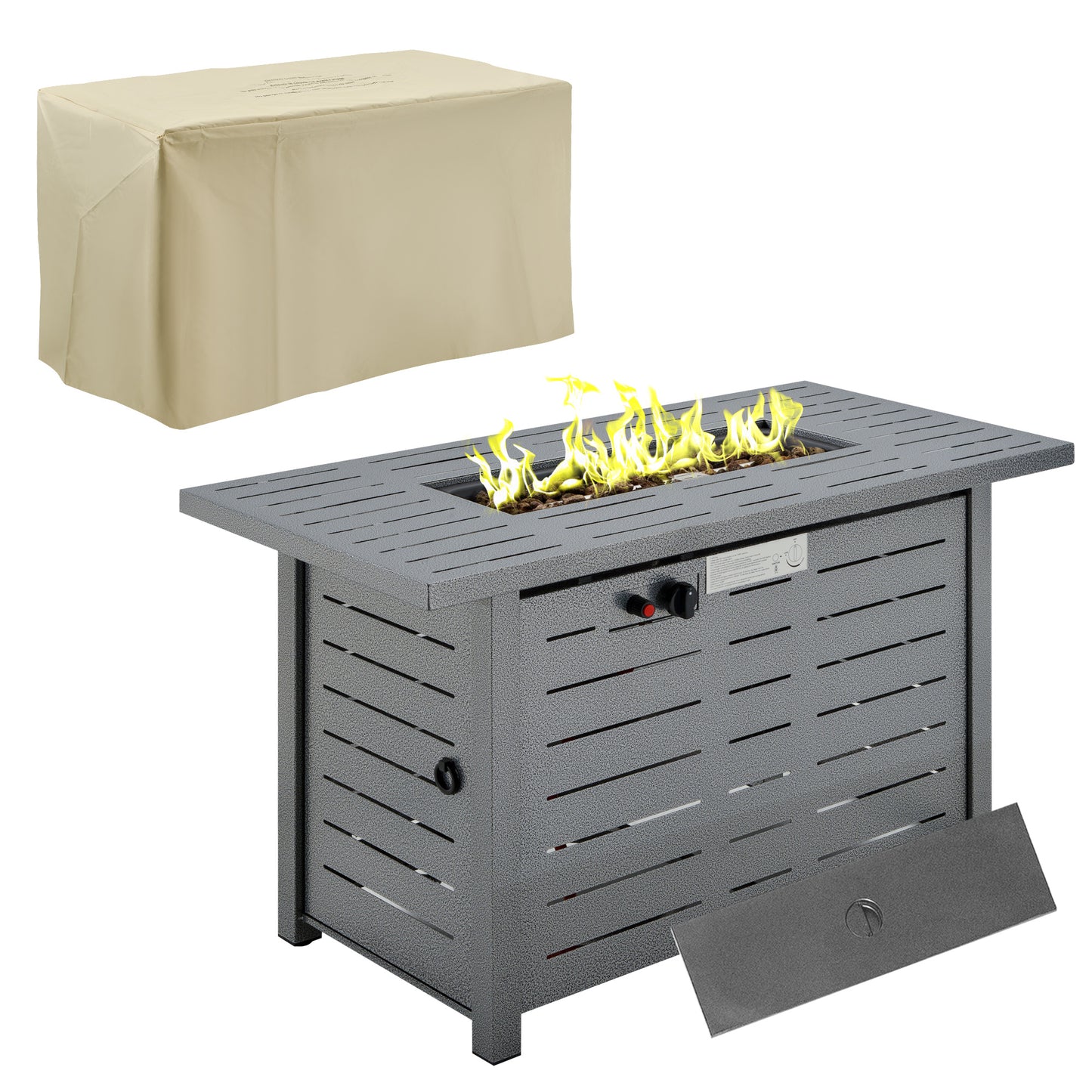 Outdoor Garden Propane Gas Fire Pit Table, 50000BTU Smokeless Patio Heater With Protective Cover, Lava Rocks And Lid - Black