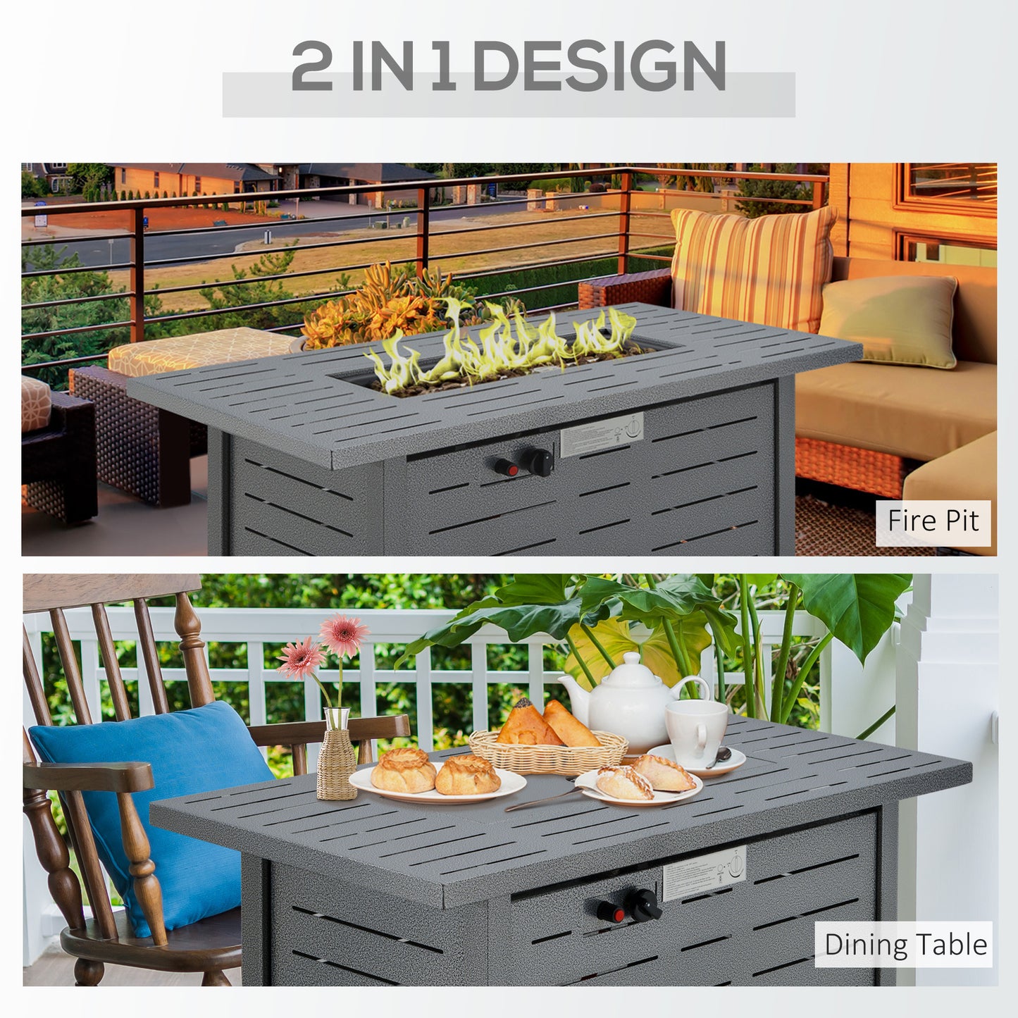 Outdoor Garden Propane Gas Fire Pit Table, 50000BTU Smokeless Patio Heater With Protective Cover, Lava Rocks And Lid - Black