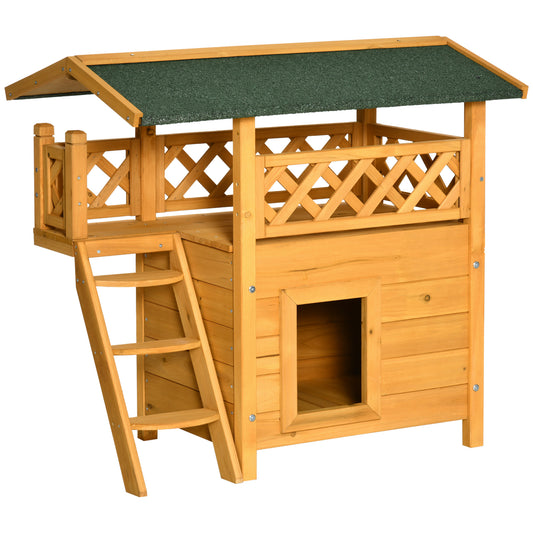 Outdoor Cat Kitten Puppy Dog Shelter House Home Kennel With Balcony Stairs Asphalt Roof, 77 X 50 X 73 CM Natural