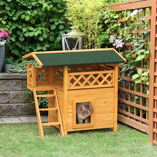 Outdoor Cat Kitten Puppy Dog Shelter House Home Kennel With Balcony Stairs Asphalt Roof, 77 X 50 X 73 CM Natural