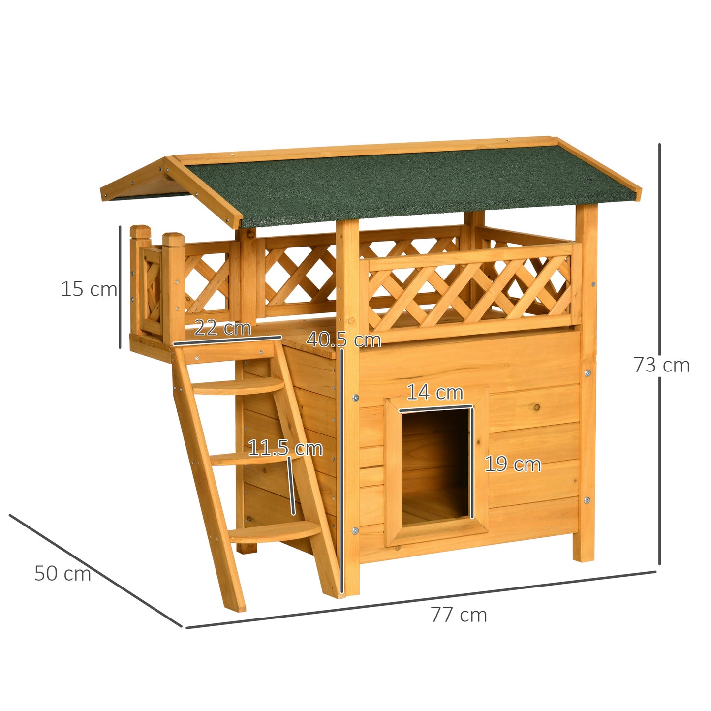 Outdoor Cat Kitten Puppy Dog Shelter House Home Kennel With Balcony Stairs Asphalt Roof, 77 X 50 X 73 CM Natural