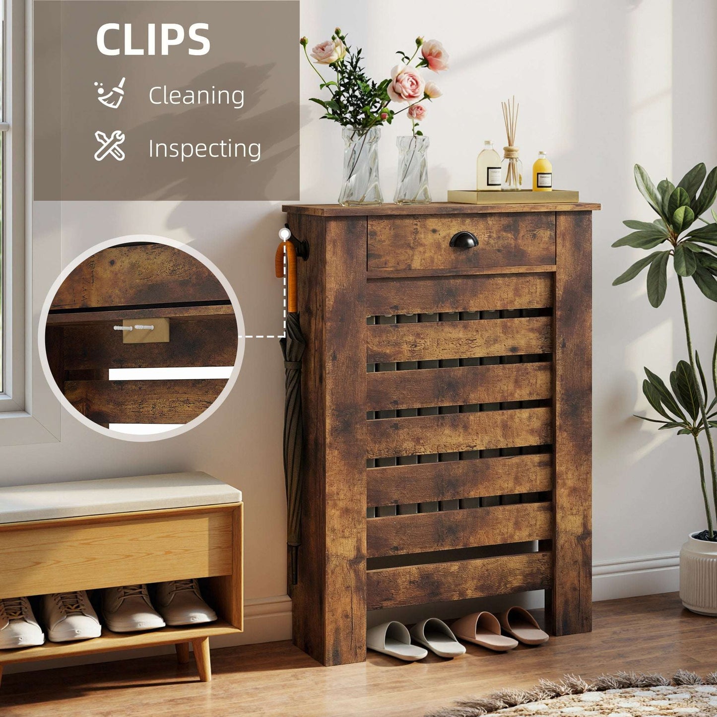MDF & Particle Board Radiator Cover with 1 Drawer | Slatted Design | Skirting Board Cut-Outs | Easy-Fix Clips | Wood-Effect Top | 5kg Drawer Capacity | 78x19x95.5cm | Rustic Brown