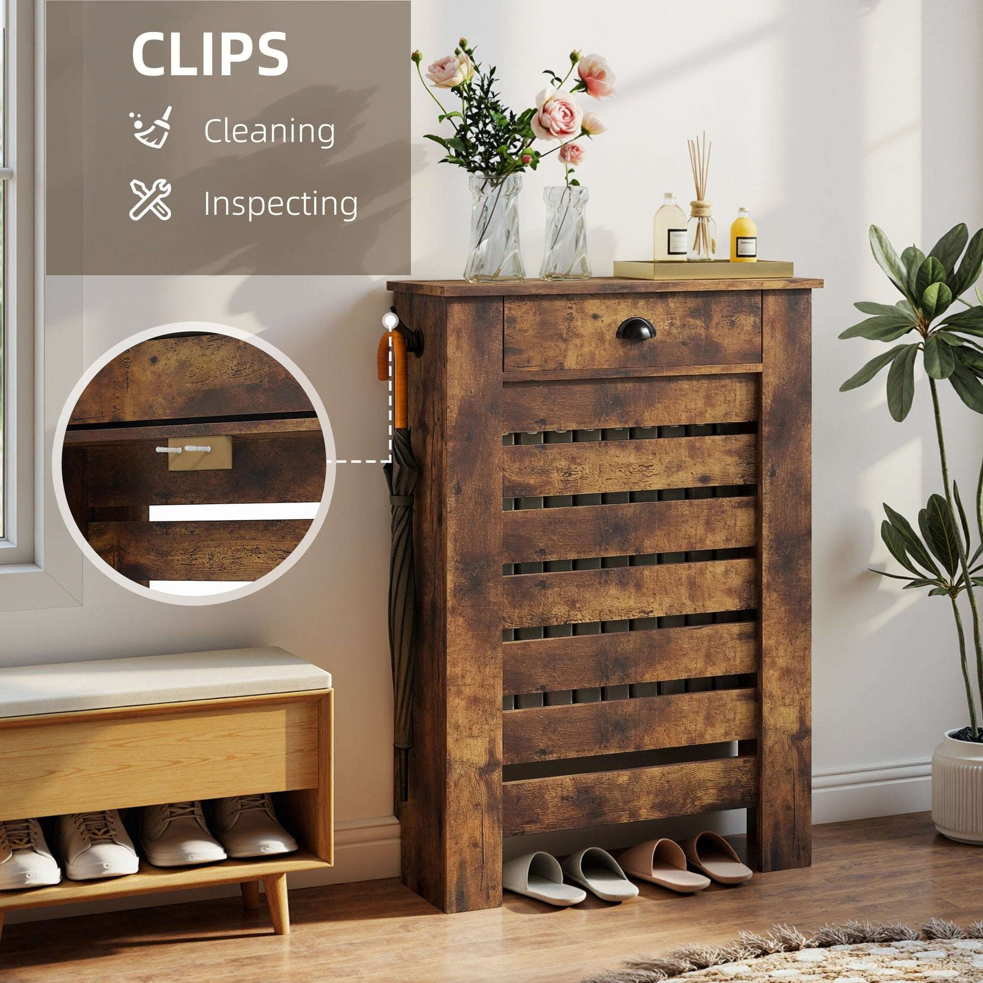 MDF & Particle Board Radiator Cover with 1 Drawer | Slatted Design | Skirting Board Cut-Outs | Easy-Fix Clips | Wood-Effect Top | 5kg Drawer Capacity | 78x19x95.5cm | Rustic Brown
