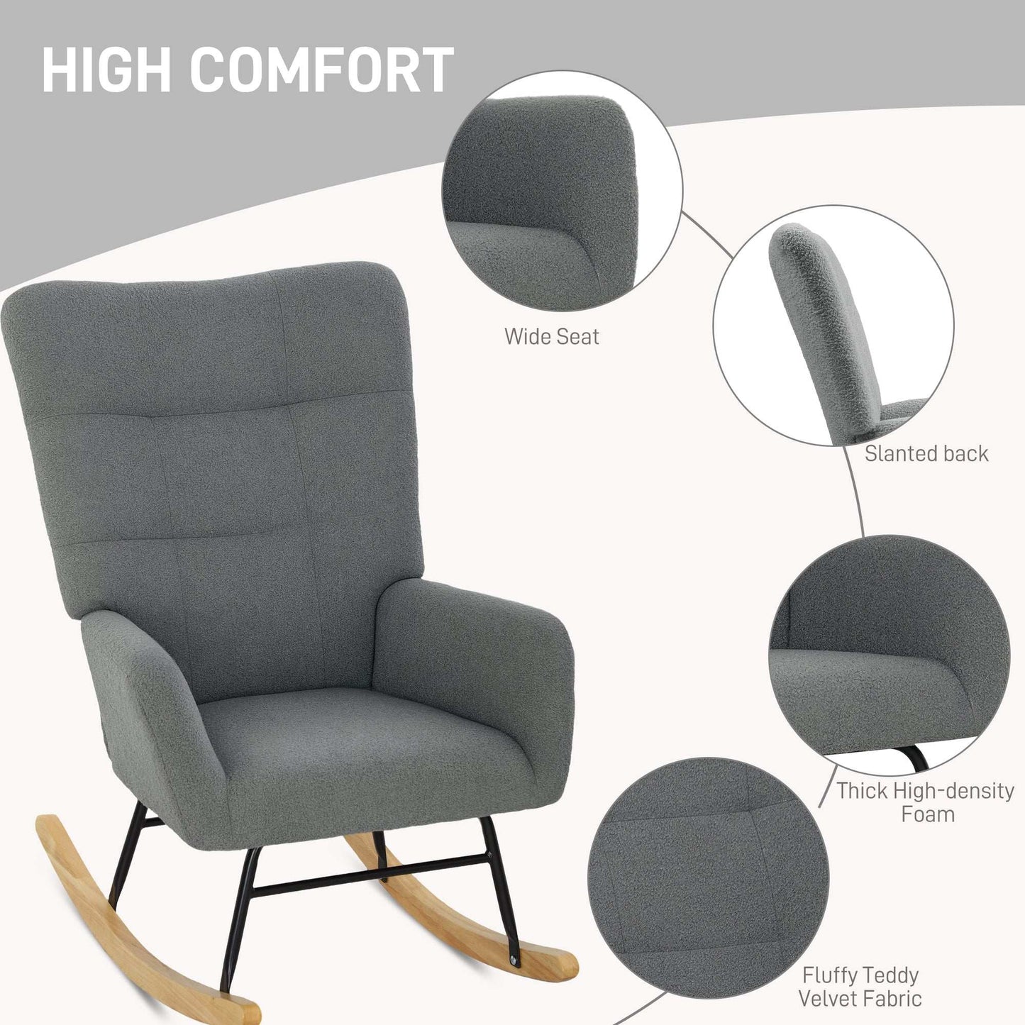 Retro Vintage Style Teddy Fleece Rocking Chair - Grey