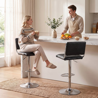 PU Leather Adjustable Bar Stools | Set of 2 | Square Tufted Backrest | Footrest | 62–83cm Height | Kitchen Island | Black