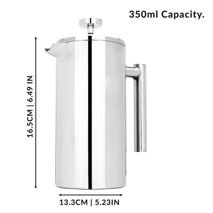 Maison & White French Press Cafetière | 350ml Double-Walled Stainless Steel Coffee Maker | Filter, 2 Spoons & Scoop Clip Set | Polished Silver