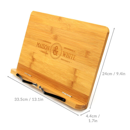 Bamboo Recipe Book Stand | Adjustable & Foldable | 2 Metal Page Holders | Tablet Rest | Water-Resistant | 33.5x24x4.4cm | 2-Year Warranty