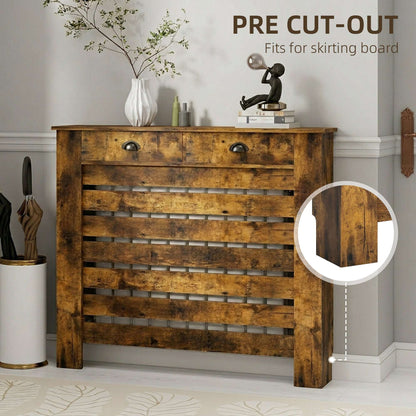 MDF & Particle Board Radiator Cover with 2 Drawers | Slatted Design | Skirting Board Cut-Outs | Easy-Fix Clips | Wood-Effect Top | 5kg Per Drawer | 111x19x95.5cm | Rustic Brown