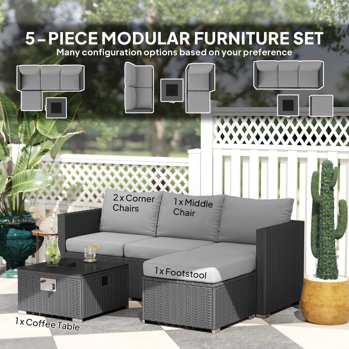Outsunny Five Piece Rattan Garden Furniture Set with Gas Fire Pit Table and Footstool - Grey