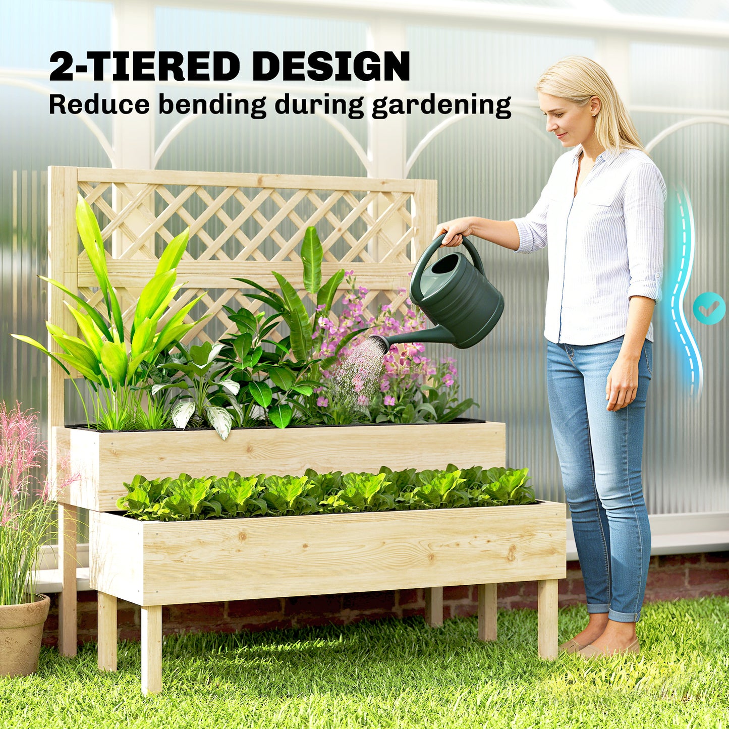2-Tier Stepped Raised Garden Bed with Trellis | Fir Wood | 2 Planter Boxes with Liners | Drainage Gaps | 40kg Capacity | Ergonomic Tiered Design | 108x62x120cm | Natural Wood