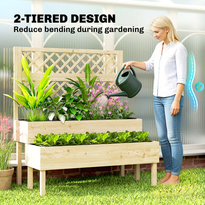 2-Tier Stepped Raised Garden Bed with Trellis | Fir Wood | 2 Planter Boxes with Liners | Drainage Gaps | 40kg Capacity | Ergonomic Tiered Design | 108x62x120cm | Natural Wood