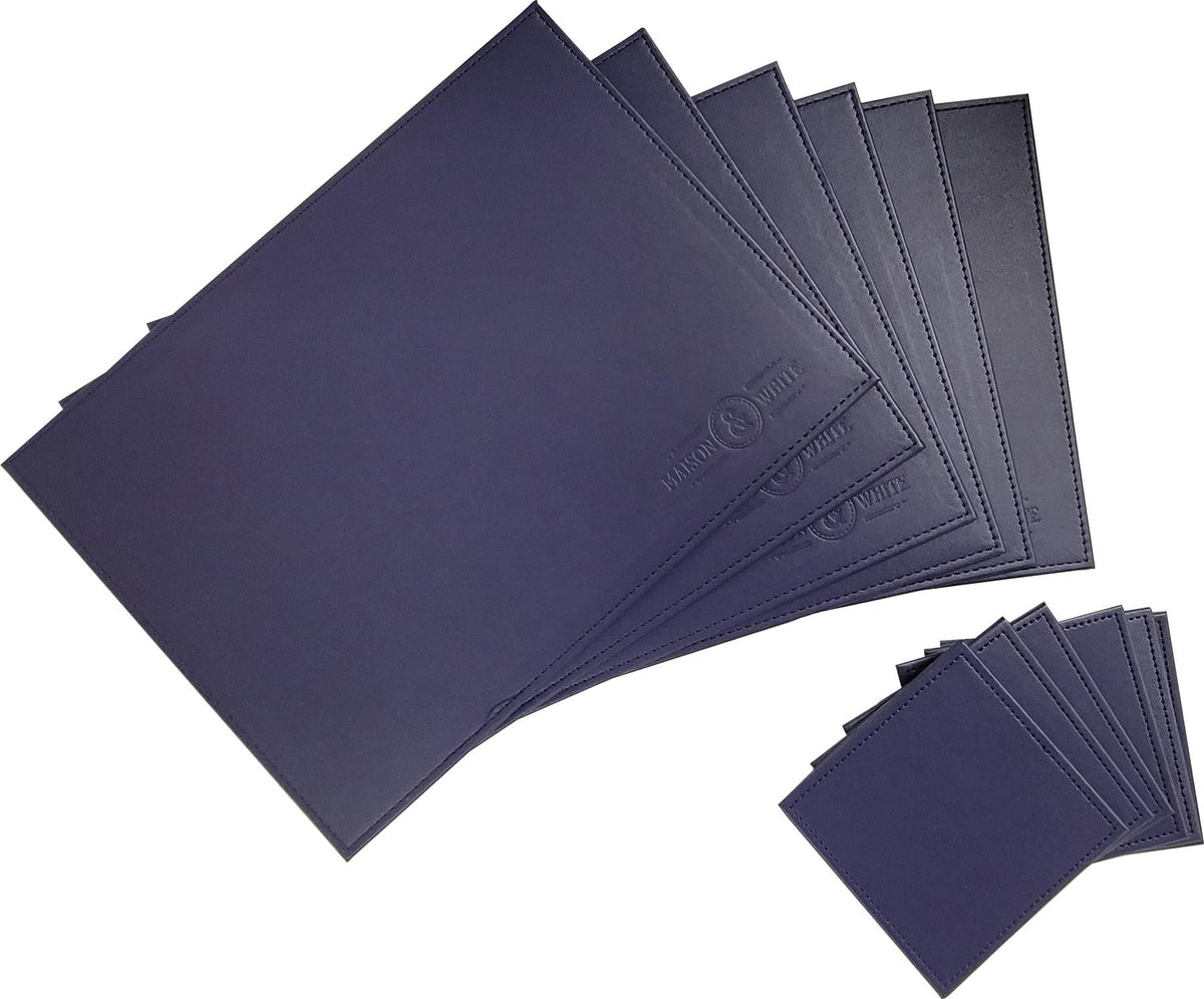 Maison & White Faux Leather Placemats & Coasters | Blue 12-Piece Table Set for 6 | Stitched Edges & Wipe-Clean Finish