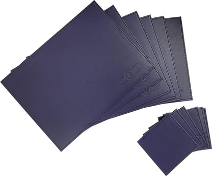 Maison & White Faux Leather Placemats & Coasters | Blue 12-Piece Table Set for 6 | Stitched Edges & Wipe-Clean Finish