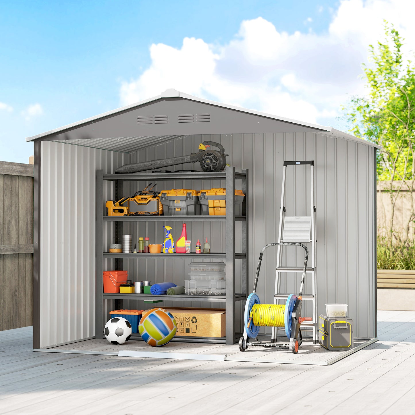 Large Galvanised Steel Garden Storage Shed | Double Sliding Door | 4 Ventilation Slots | Sloped Roof | 20kg/m² Snow Load | 236x171x191cm | Bikes Scooters Tools & Bins | Light Grey