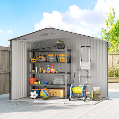 Large Galvanised Steel Garden Storage Shed | Double Sliding Door | 4 Ventilation Slots | Sloped Roof | 20kg/m² Snow Load | 236x171x191cm | Bikes Scooters Tools & Bins | Light Grey