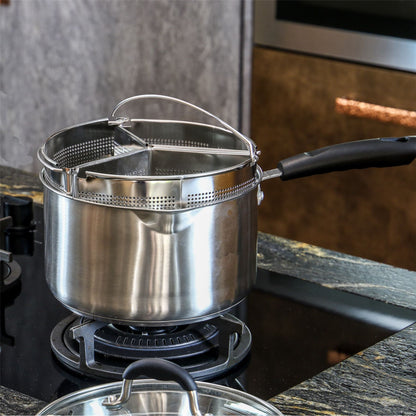 Maison & White Set of 3 Stainless Steel Saucepan Dividers | Cook 3 Veg in 1 Pan | 17.5x13.8x9.9cm | Min 21cm Pan | Eco Friendly | Energy Saving | 2-Year Guarantee