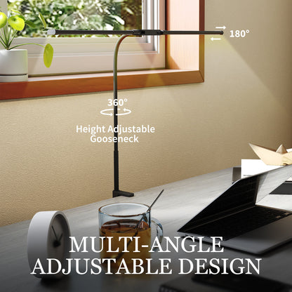 LED Desk Lamp with Clamp, Double Head Table Lamp with 3 Colour Modes & 10 Brightness Levels, Flexible Gooseneck Reading Desk Light for Study, Office, Work, Black