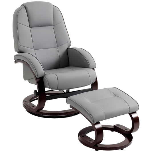 Swivel Recliner Chair & Footstool | PU Leather | 360° Swivel | 135° Recline | Bent Wood Frame | 120kg | Grey