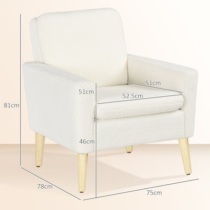 Modern Armchair, Upholstered Accent Chair with Wood Legs and Wide Padded Seat, Teddy Occasional Chair, Cream White