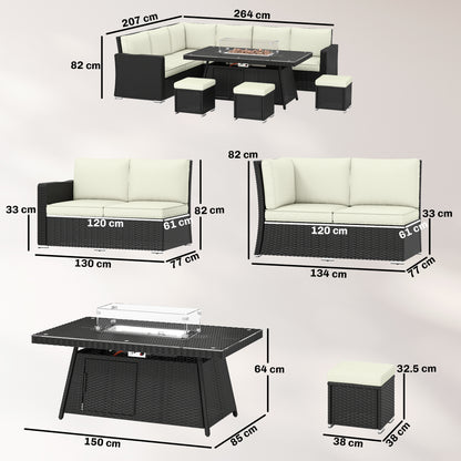 7 Piece Rattan Garden Sofa Set with 50,000 BTU Gas Fire Pit Table | 2 Corner Loveseats | Loveseat | 3 Footstools | Glass Wind Guard | Padded Cushions | Washable Covers | Cream