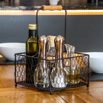 Maison & White 4-Bottle Holder with Aged Wooden Handle | Powder-Coated Steel Wire | Vintage Style | 4 Compartments | 20x20x30cm | Condiments Wine Sauces | Kitchen Dining Table Organiser