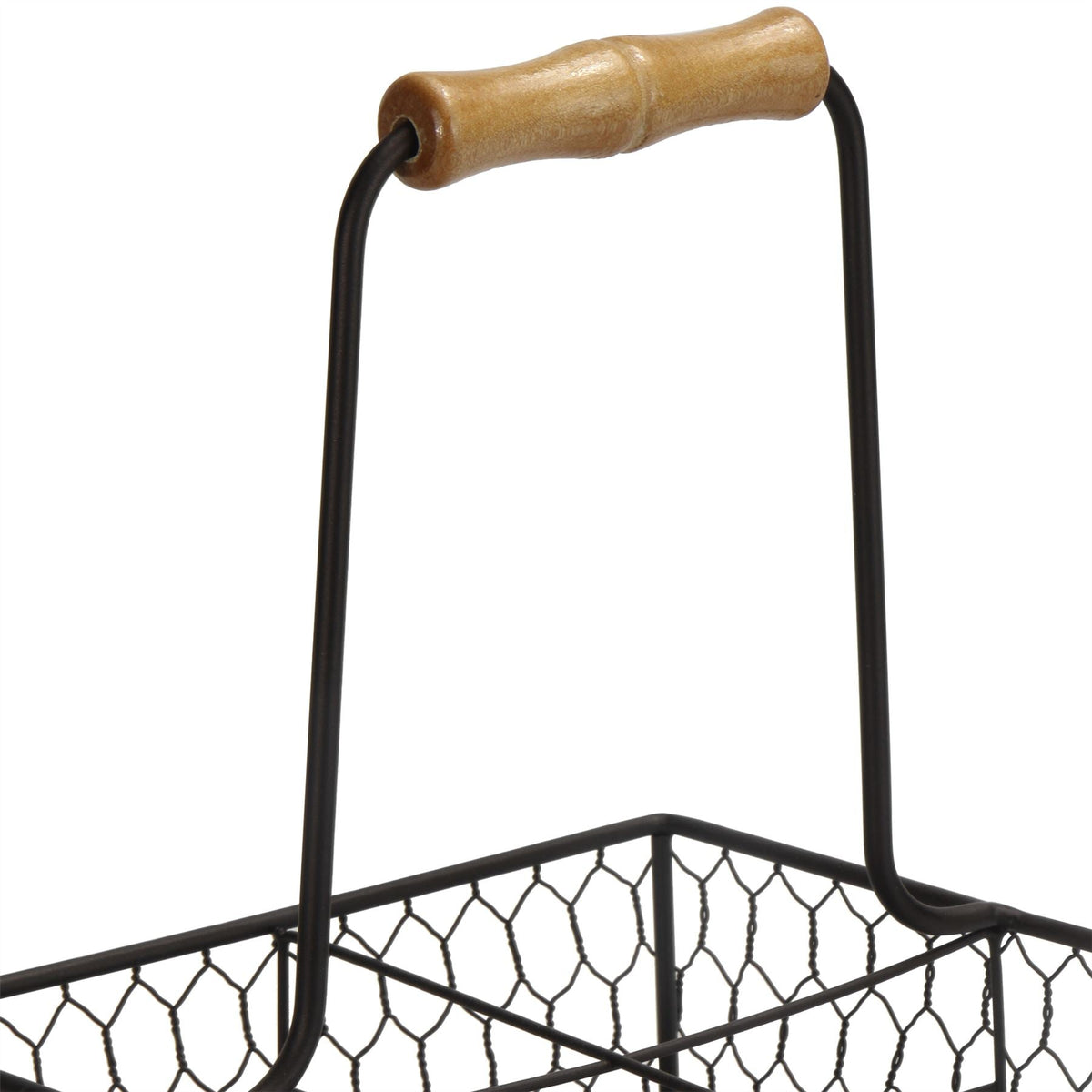 Maison & White 4-Bottle Holder with Aged Wooden Handle | Powder-Coated Steel Wire | Vintage Style | 4 Compartments | 20x20x30cm | Condiments Wine Sauces | Kitchen Dining Table Organiser