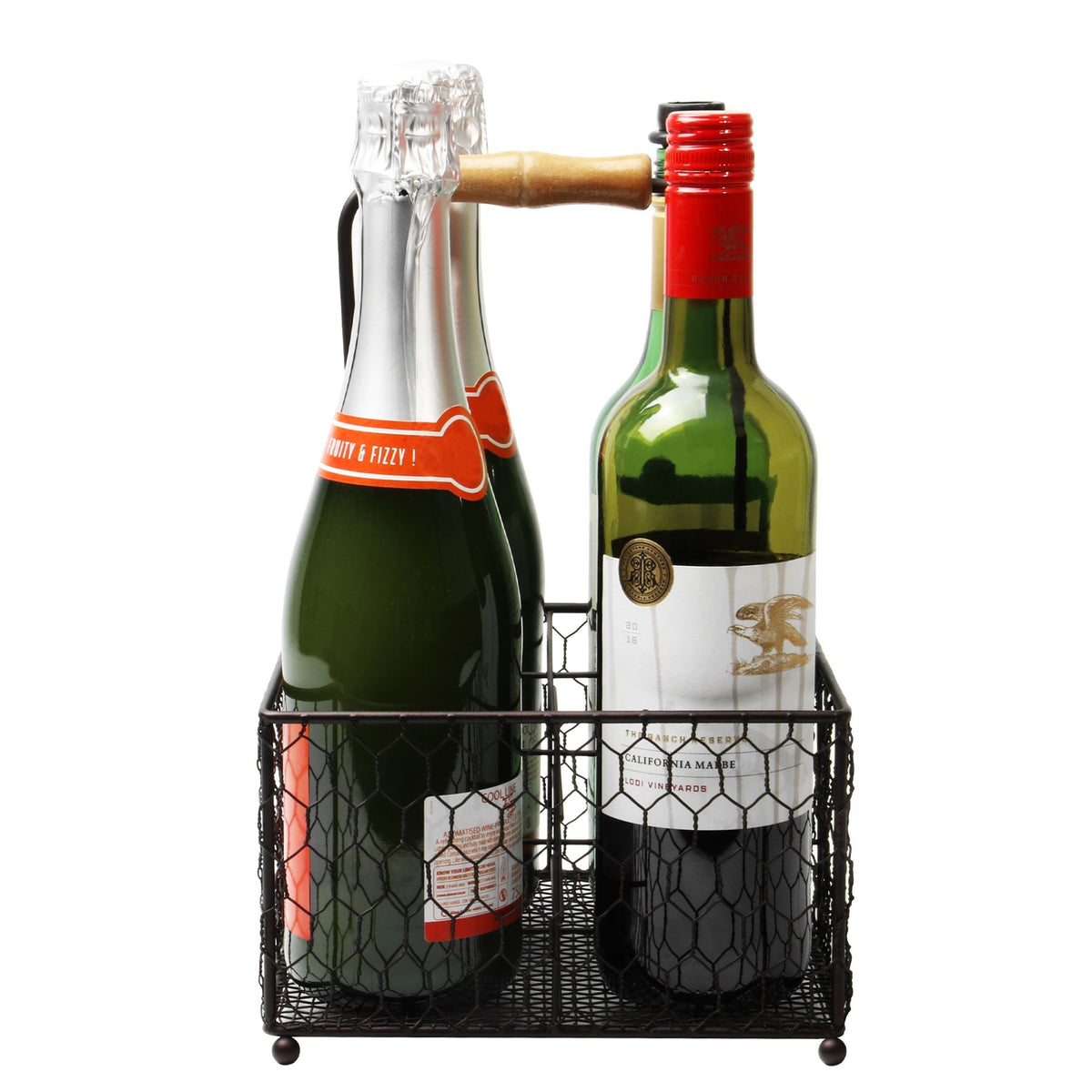 Maison & White 4-Bottle Holder with Aged Wooden Handle | Powder-Coated Steel Wire | Vintage Style | 4 Compartments | 20x20x30cm | Condiments Wine Sauces | Kitchen Dining Table Organiser