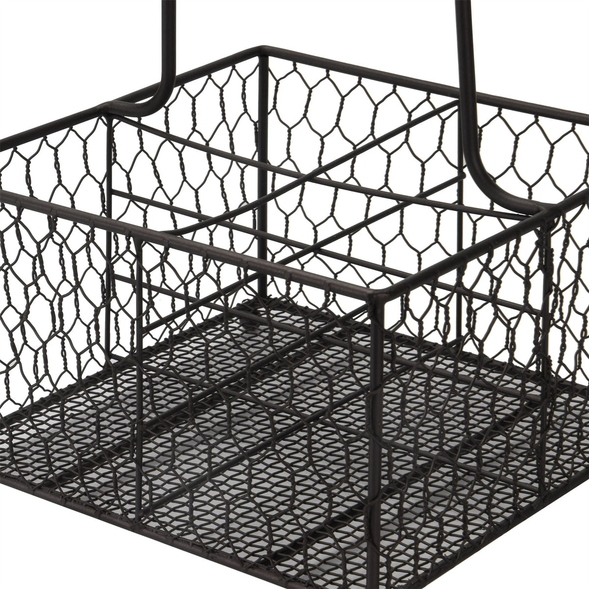 Maison & White 4-Bottle Holder with Aged Wooden Handle | Powder-Coated Steel Wire | Vintage Style | 4 Compartments | 20x20x30cm | Condiments Wine Sauces | Kitchen Dining Table Organiser