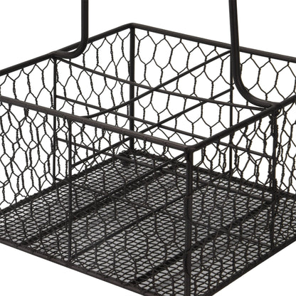 Maison & White 4-Bottle Holder with Aged Wooden Handle | Powder-Coated Steel Wire | Vintage Style | 4 Compartments | 20x20x30cm | Condiments Wine Sauces | Kitchen Dining Table Organiser