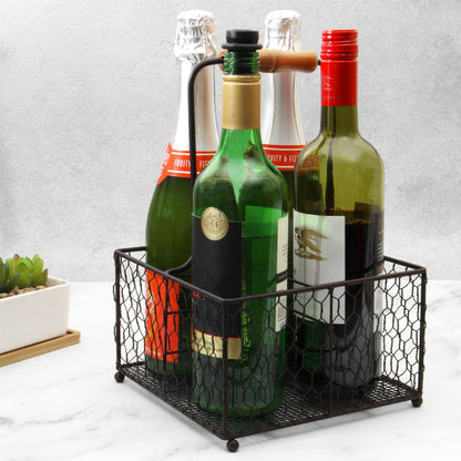 Maison & White 4-Bottle Holder with Aged Wooden Handle | Powder-Coated Steel Wire | Vintage Style | 4 Compartments | 20x20x30cm | Condiments Wine Sauces | Kitchen Dining Table Organiser