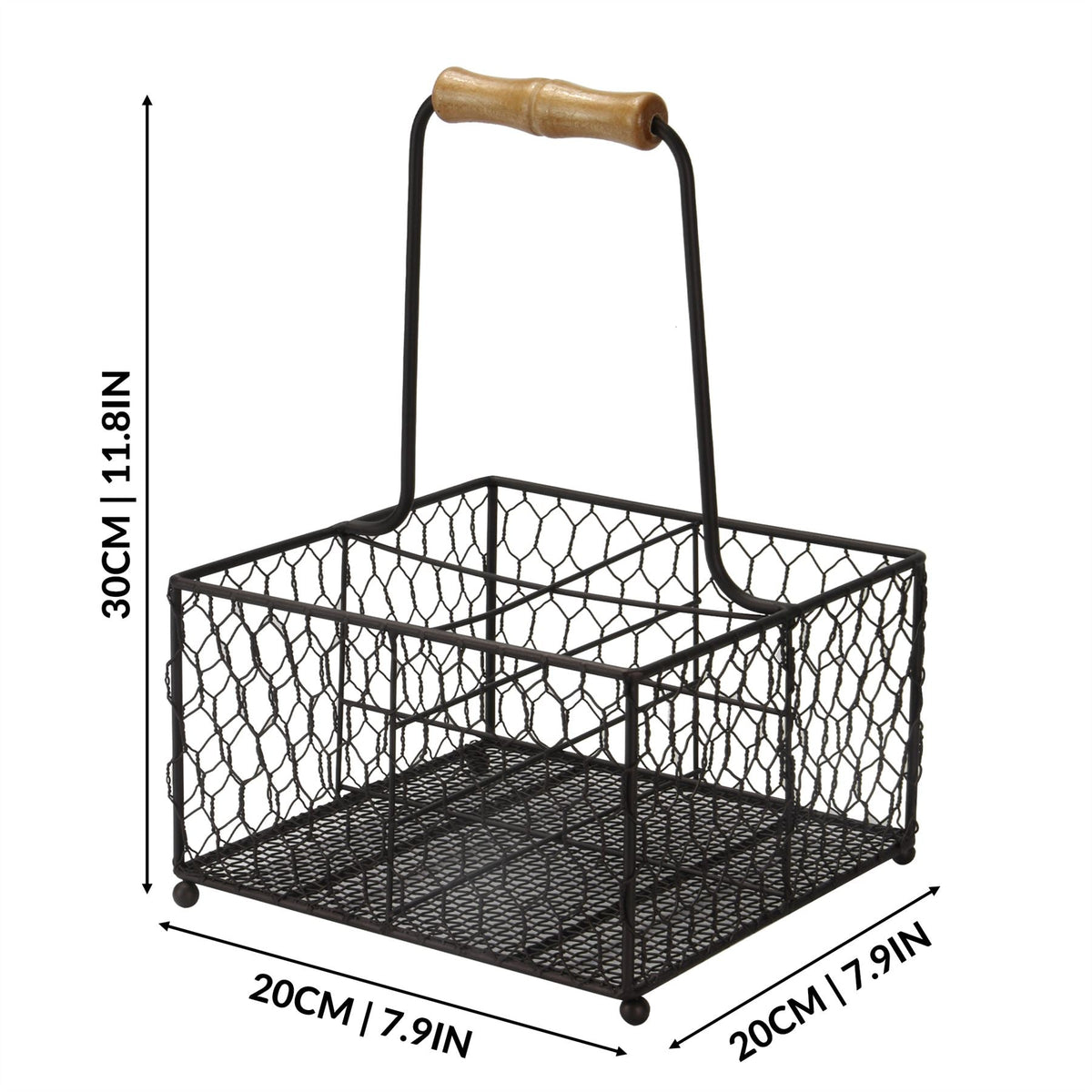 Maison & White 4-Bottle Holder with Aged Wooden Handle | Powder-Coated Steel Wire | Vintage Style | 4 Compartments | 20x20x30cm | Condiments Wine Sauces | Kitchen Dining Table Organiser