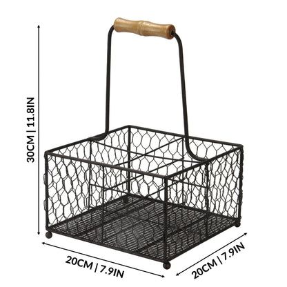 Maison & White 4-Bottle Holder with Aged Wooden Handle | Powder-Coated Steel Wire | Vintage Style | 4 Compartments | 20x20x30cm | Condiments Wine Sauces | Kitchen Dining Table Organiser