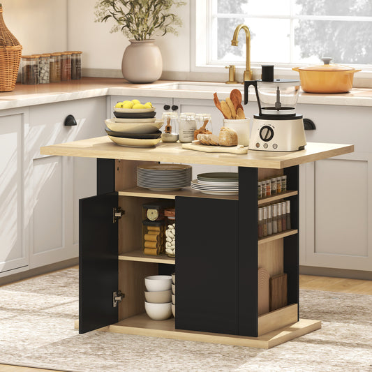 Kitchen Island with Storage Cabinets & Spice Rack | 4-Person Tabletop | Adjustable Shelves | Black & Natural Wood