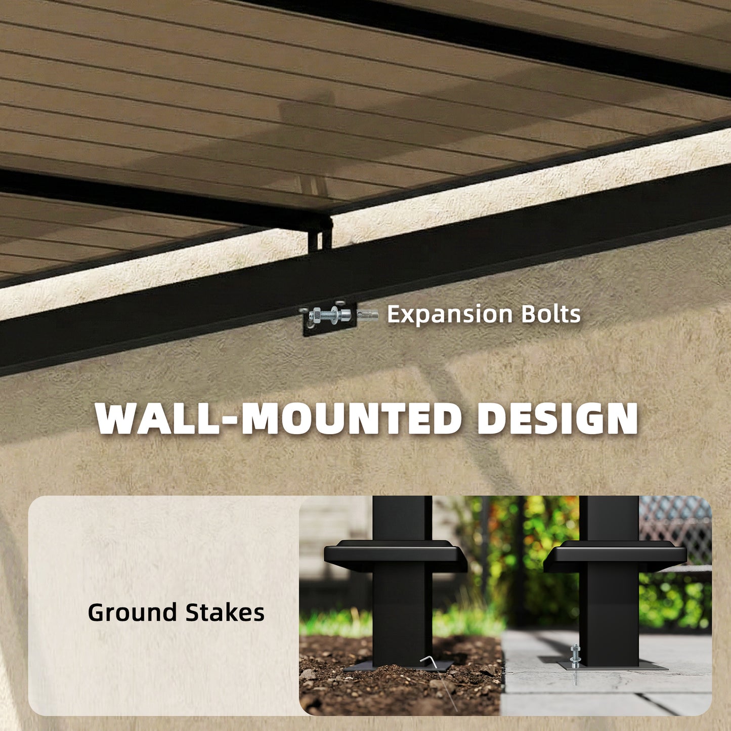 3x2.87m Wall Mounted Hardtop Lean-To Pergola | Polycarbonate Roof | Heavy-Duty Galvanised Frame | Reinforced Columns | Windproof Level 6 | Snow Load 5-10kg | All Hardware Included | Brown