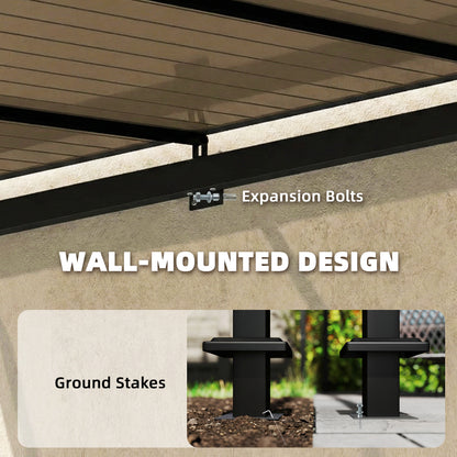 3x2.87m Wall Mounted Hardtop Lean-To Pergola | Polycarbonate Roof | Heavy-Duty Galvanised Frame | Reinforced Columns | Windproof Level 6 | Snow Load 5-10kg | All Hardware Included | Brown