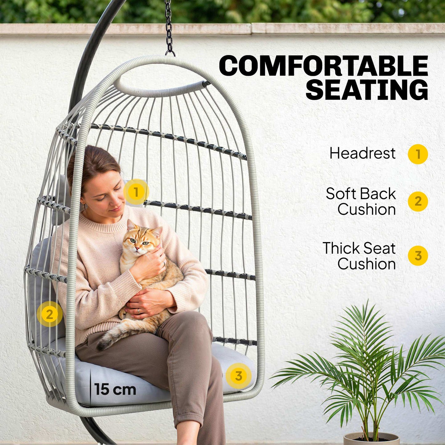 Hanging Egg Chair with Stand | 15cm Cushion, Headrest & Safety Strap | Foldable | 120kg | Light Grey