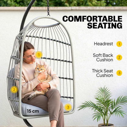 Hanging Egg Chair with Stand | 15cm Cushion, Headrest & Safety Strap | Foldable | 120kg | Light Grey