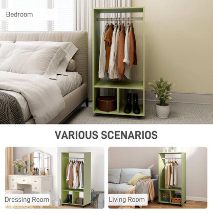 Open Wardrobe for Bedroom, Small Wardrobe on Wheels with Clothes Rail, Storage Shelves, Mobile Garment Rack for Clothes Storage- Green