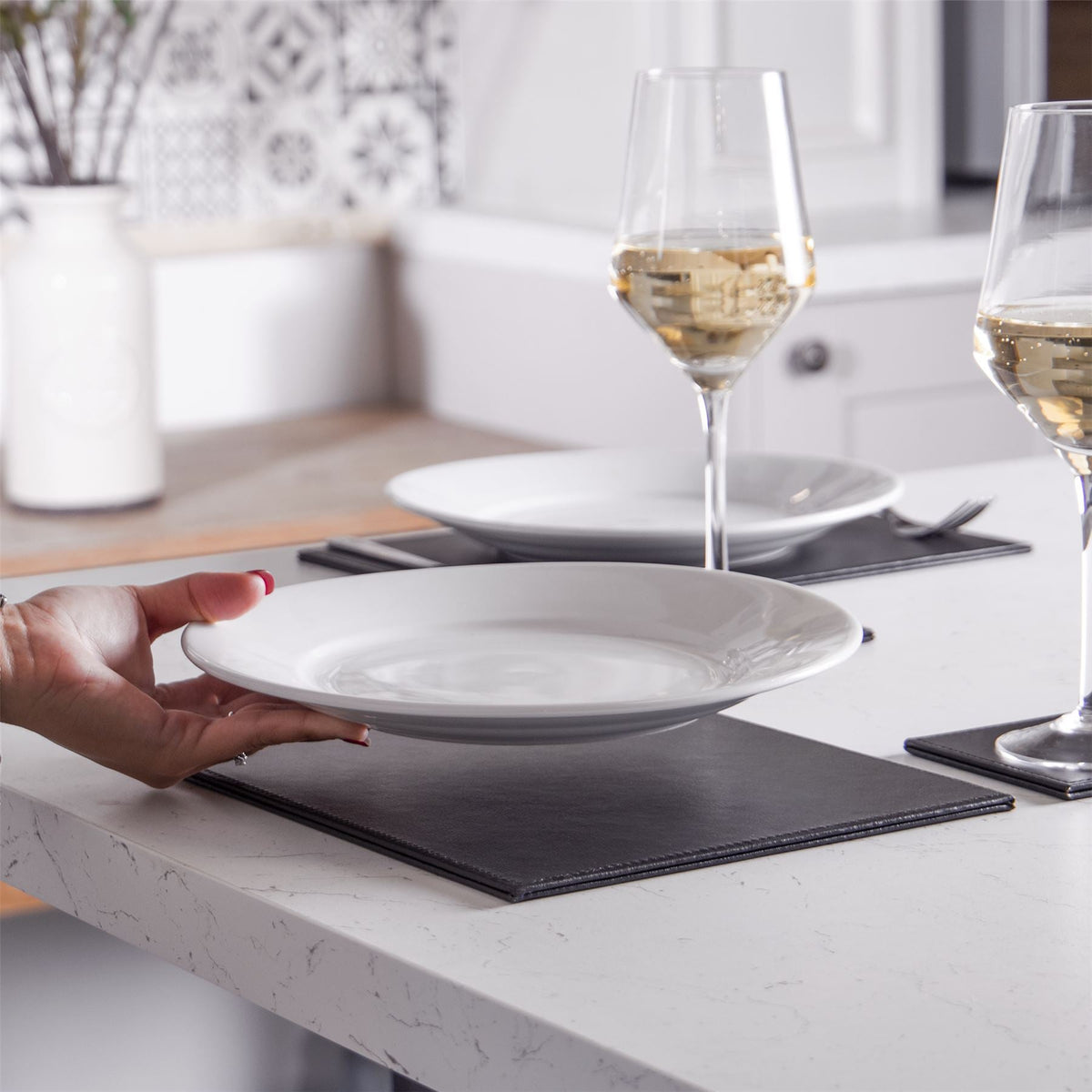 Maison & White Faux Leather Placemats & Coasters | Black 12 Piece Table Set | 6 Place Settings | Wipe Clean