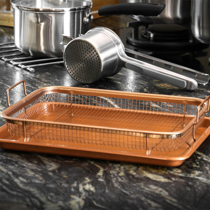 Maison & White Copper Crisping Basket & Baking Tray | Steel Mesh 360° Heat Circulation | Non-Stick | 32x22.5x8cm | Chicken Fries Dippers | No Turning Required | Oven Safe | 2-Year Warranty