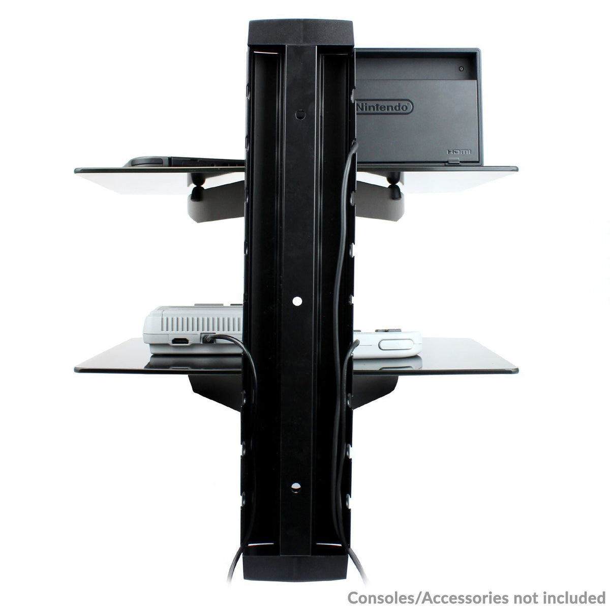 Maison & White 2 Tier Tempered Black Glass Floating Shelf | Adjustable Shelves 36x25x40.5cm | 15kg Load | Integrated Cable Management | All Fixings Included | Assembly Required | 2-Year Warranty