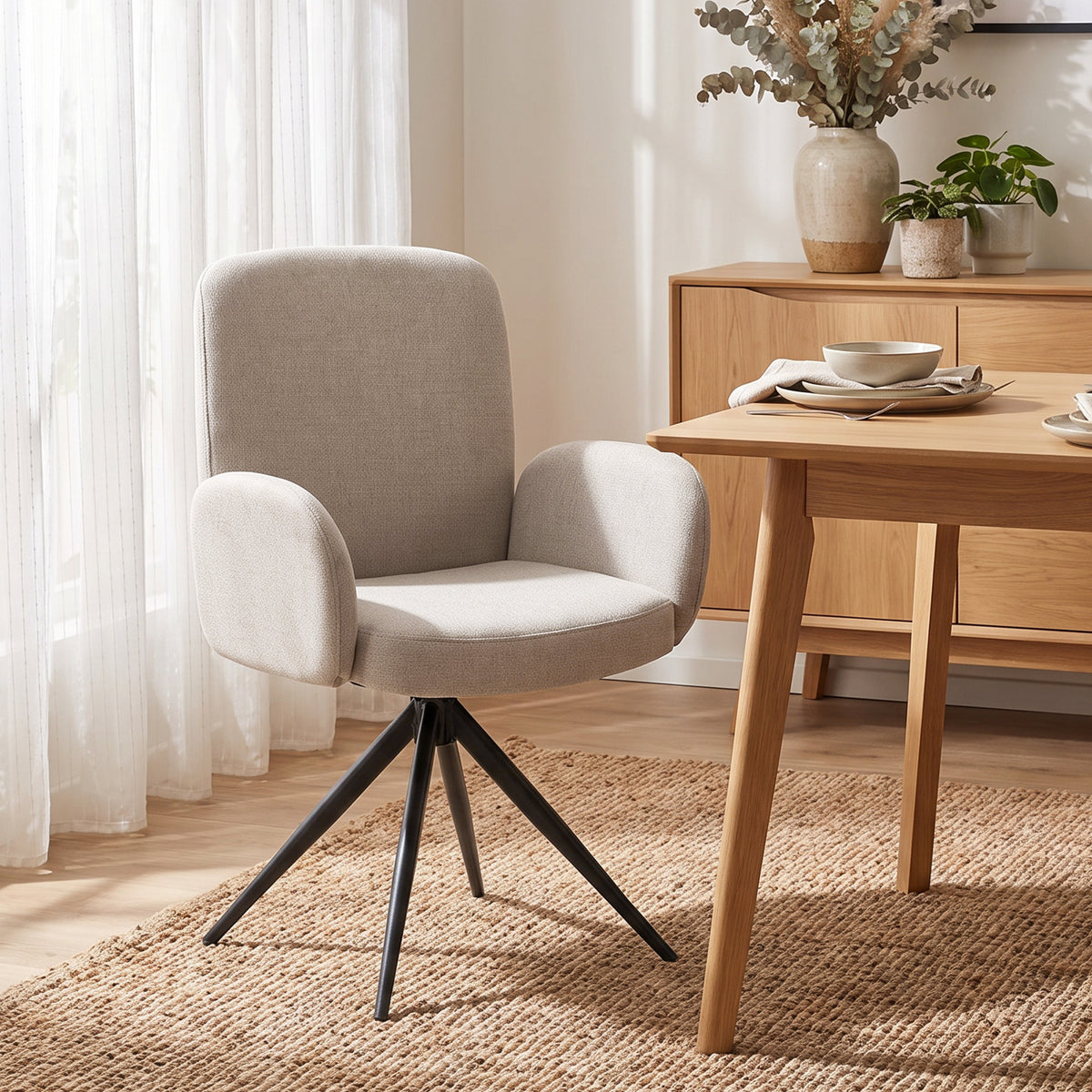 360° Swivel Accent Chair | Linen-Look Upholstery, Curved Back & Padded Arms | 7cm Seat Cushion & Black Steel Base | Brown, Light Green or Grey