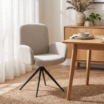 360° Swivel Accent Chair | Linen-Look Upholstery, Curved Back & Padded Arms | 7cm Seat Cushion & Black Steel Base | Brown, Light Green or Grey