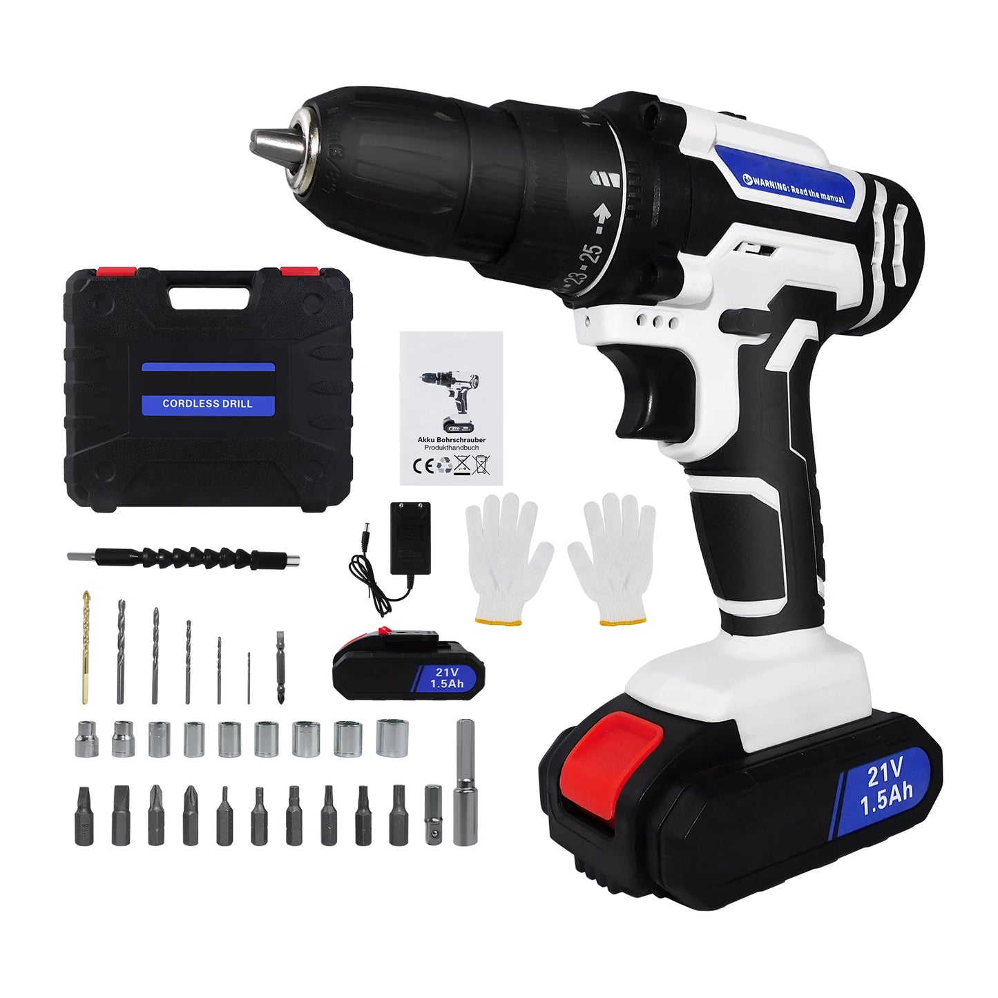 Dayplus 21V Cordless Drill Driver, Electric Drill Screwdriver with 1500Mah Battery, 45NM 2-Speed Combi Drill 25+1 Torque Setting